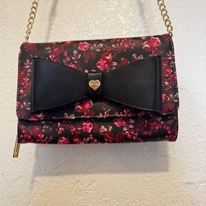 Betsey Johnson Black and Pink Floral Crossbody Bag Bow